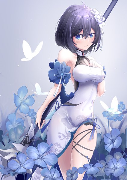 Anime picture 1737x2456 with honkai impact 3rd honkai (series) seele vollerei wlitpdits single tall image looking at viewer blush fringe highres short hair breasts blue eyes black hair simple background smile hair between eyes large breasts standing bare shoulders