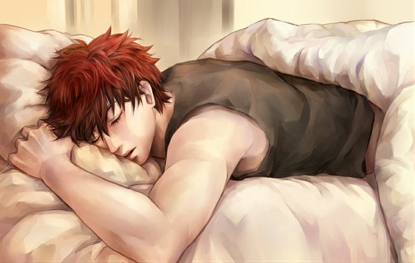 Anime picture 1180x750 with kuroko no basket production i.g kagami taiga short hair open mouth red hair lying eyes closed sleeping boy bed blanket