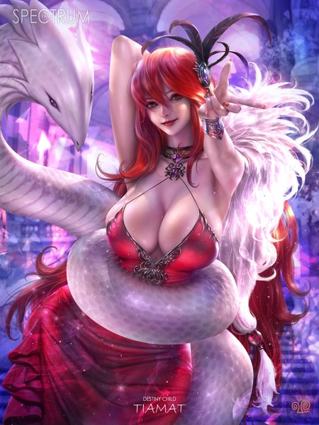 Anime picture 3000x4000 with destiny child tiamat (destiny child) yam spectrum single long hair tall image looking at viewer fringe highres breasts light erotic smile hair between eyes red eyes large breasts standing signed cleavage red hair nail polish