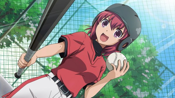Anime picture 1280x715 with toradora j.c. staff kushieda minori single fringe short hair open mouth hair between eyes wide image standing purple eyes holding looking away sky cloud (clouds) red hair :d sunlight dutch angle against fence