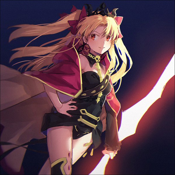 Anime picture 900x900 with fate (series) fate/grand order ereshkigal (fate) hakusai (tiahszld) single long hair looking at viewer fringe light erotic simple background blonde hair smile red eyes standing holding nail polish two side up hand on hip glowing blue background