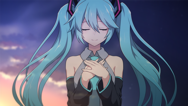 Anime picture 1280x720 with vocaloid hatsune miku matsuda toki single long hair blush fringe hair between eyes wide image twintails bare shoulders payot sky cloud (clouds) upper body eyes closed light smile wind blurry aqua hair
