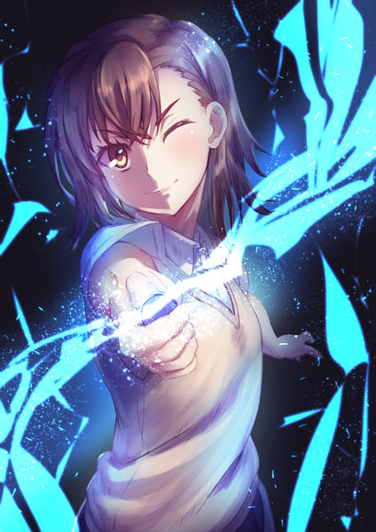 Anime picture 4961x7016 with to aru kagaku no railgun j.c. staff misaka mikoto kuma (pixiv id14992749) single tall image looking at viewer fringe highres short hair smile hair between eyes brown hair standing brown eyes absurdres one eye closed short sleeves outstretched arm fighting stance