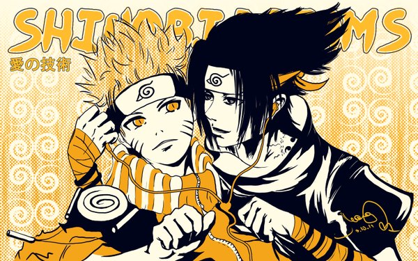 Anime picture 1440x900 with naruto studio pierrot naruto (series) uzumaki naruto uchiha sasuke vlastika short hair black hair blonde hair wide image signed inscription multiple boys grey eyes orange eyes tattoo facial mark hieroglyph whisker markings jinchuriki