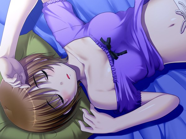 Anime picture 1600x1200 with tonari no puu-san blush short hair light erotic brown hair game cg eyes closed sleeping girl navel