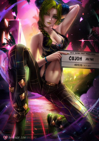 Anime picture 3532x5000 with jojo no kimyou na bouken kujo jolyne axsen single long hair tall image looking at viewer blush highres breasts light erotic large breasts holding green eyes absurdres cleavage full body braid (braids) multicolored hair arm up