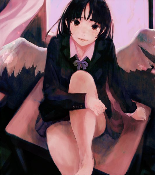 Anime picture 1000x1125 with original nimirom single tall image looking at viewer short hair black hair sitting brown eyes barefoot wind convenient leg girl uniform school uniform wings window curtains table