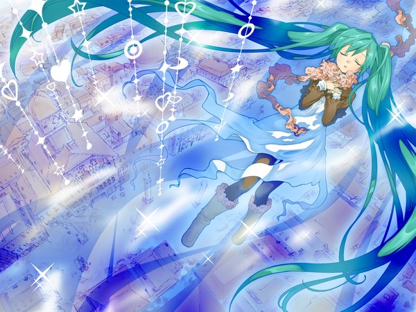 イラスト 2133x1600 と ボーカロイド 初音ミク じゅんじ highres ツインテール very long hair aqua hair sleeping 女の子 ドレス ブーツ 襟巻き 星