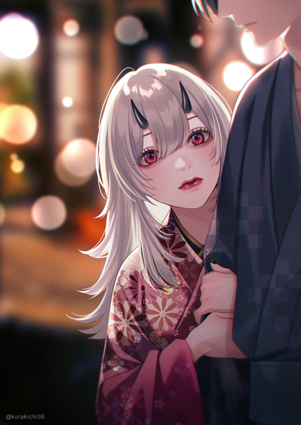 Anime picture 850x1200 with original kurayoshi samu (sum) long hair tall image looking at viewer fringe short hair black hair hair between eyes red eyes standing signed payot silver hair upper body outdoors traditional clothes japanese clothes profile horn (horns)