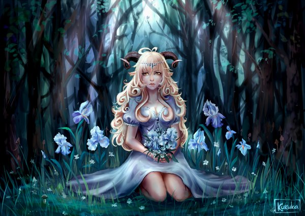 Anime picture 2115x1500 with original kuruka single long hair highres blonde hair signed yellow eyes horn (horns) pointy ears kneeling new year curly hair 2015 sheep girl girl dress hair ornament flower (flowers) plant (plants)