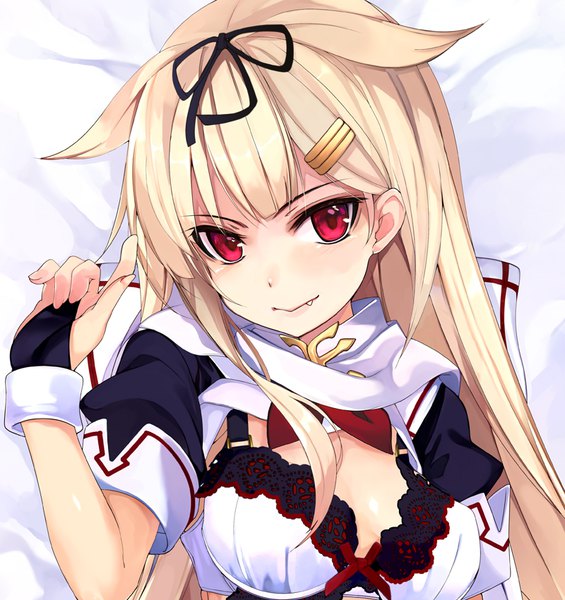 Anime picture 800x850 with kantai collection yuudachi destroyer shirokitsune single long hair tall image looking at viewer breasts light erotic red eyes upper body light smile fang (fangs) remodel (kantai collection) girl ribbon (ribbons) hair ribbon lingerie bra hairclip
