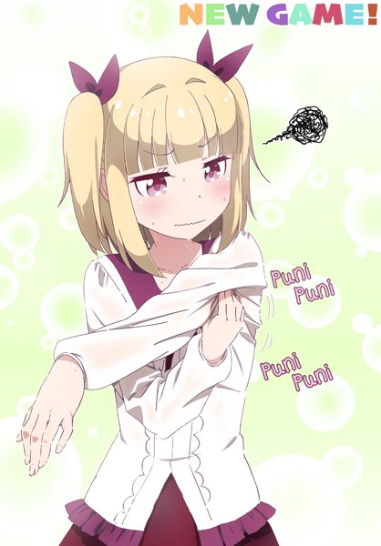 Anime picture 2893x4152 with new game! doga kobo iijima yun pink x single tall image fringe highres short hair blonde hair purple eyes looking away blunt bangs long sleeves sweat two side up copyright name text wavy mouth scribble