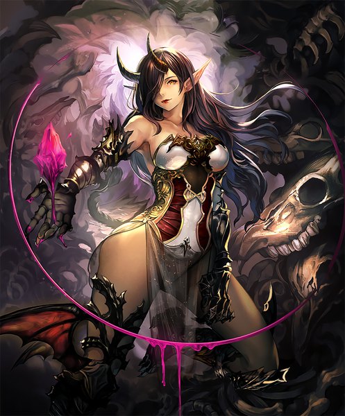 Anime picture 848x1024 with shingeki no bahamut shadowverse belphegor (shingeki no bahamut) single long hair tall image looking at viewer fringe breasts light erotic yellow eyes cleavage bent knee (knees) horn (horns) lips pointy ears hair over one eye official art spread legs lipstick