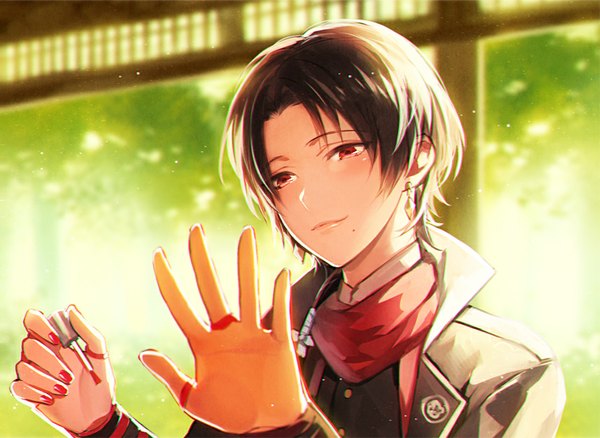 Anime picture 859x628 with touken ranbu nitroplus kashuu kiyomitsu uhouho14 single long hair blush smile brown hair holding nail polish fingernails lips mole mole under mouth red nail polish applying nail polish boy earrings scarf