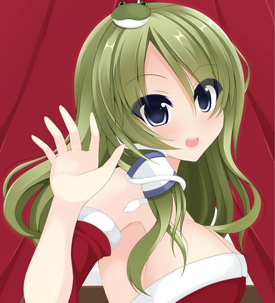 Anime picture 1080x1188 with touhou kochiya sanae chimunge single long hair tall image blush open mouth blue eyes green hair christmas merry christmas girl hair ornament detached sleeves hair tubes