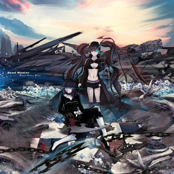 Anime picture 2187x2187 with black rock shooter black rock shooter (character) dead master x x (artist) long hair highres blue eyes black hair twintails multiple girls green eyes horn (horns) glowing glowing eye (eyes) ruins girl navel weapon 2 girls shorts
