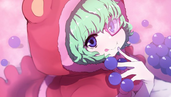 Anime picture 4096x2340 with one piece toei animation sugar (one piece) wada kazu single looking at viewer highres short hair smile wide image purple eyes absurdres green hair from above girl food hood berry (berries) mantle grapes