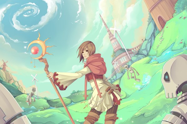 Anime picture 4080x2700 with original gasara highres short hair brown hair absurdres sky cloud (clouds) magic boy hair ornament earrings hairclip building (buildings) cross staff robot pearls windmill