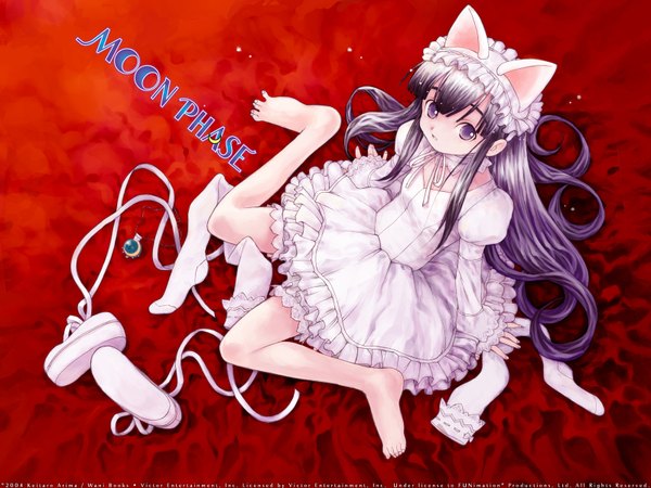 Anime picture 1600x1200 with tsukuyomi moon phase hazuki arima keitarou animal ears barefoot cat ears official art cat girl loli gothic girl thighhighs dress jewelry