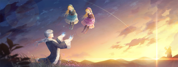 Anime picture 1400x534 with sound horizon roman hortense violette hiver laurant saban long hair fringe blonde hair wide image standing multiple girls sky silver hair cloud (clouds) eyes closed long sleeves profile wind sunlight