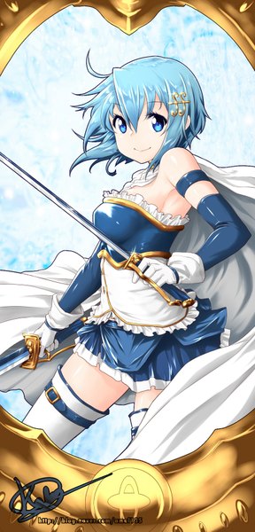 Anime picture 874x1818 with mahou shoujo madoka magica shaft (studio) miki sayaka kaho single tall image looking at viewer short hair breasts blue eyes smile blue hair magical girl girl dress gloves hair ornament weapon hairclip epee
