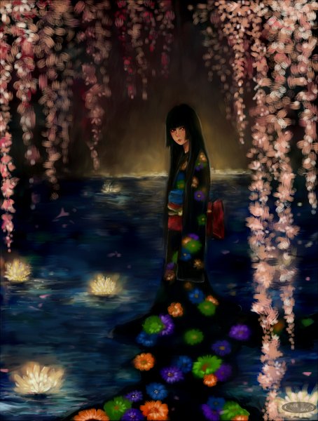Anime picture 1200x1585 with hell girl studio deen enma ai dziu09 long hair tall image looking at viewer black hair red eyes japanese clothes lips floral print horror girl flower (flowers) water kimono obi wisteria water lily