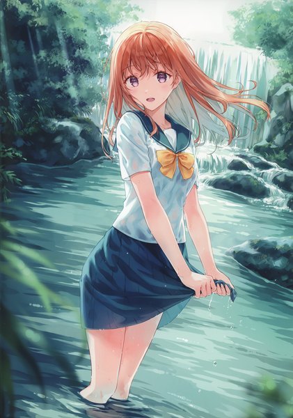 Anime picture 3261x4646 with original hiten (hitenkei) single long hair tall image looking at viewer blush fringe highres open mouth smile standing purple eyes absurdres outdoors :d wind scan orange hair partially submerged