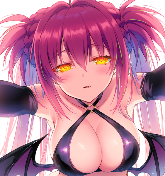 Anime picture 980x1045 with original 2980 single long hair tall image looking at viewer blush fringe breasts light erotic hair between eyes large breasts twintails yellow eyes upper body red hair braid (braids) symbol-shaped pupils demon wings heart-shaped pupils