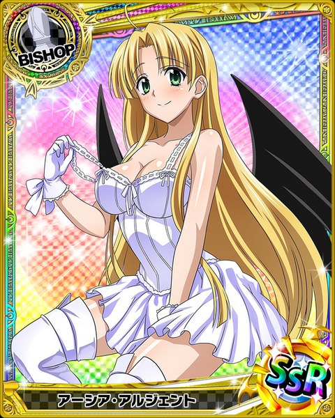 Anime picture 640x800 with highschool dxd asia argento single long hair tall image looking at viewer blush light erotic blonde hair smile green eyes light smile card (medium) girl thighhighs gloves white thighhighs wings white gloves sundress