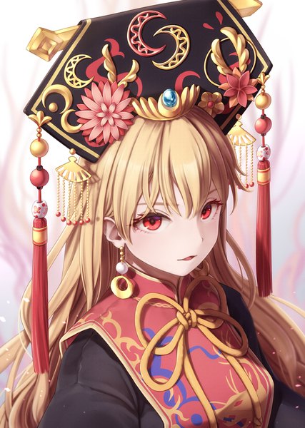 Anime picture 841x1183 with touhou junko (touhou) torinari (dtvisu) single long hair tall image looking at viewer blush fringe open mouth blonde hair hair between eyes red eyes upper body traditional clothes chinese clothes girl flower (flowers) earrings headdress