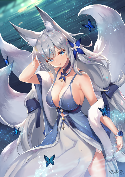 Anime picture 1000x1417 with azur lane shinano (azur lane) shinano (light of the hazy moon) (azur lane) shimozuki shio single long hair tall image looking at viewer blush fringe breasts blue eyes light erotic hair between eyes large breasts standing twintails bare shoulders signed animal ears