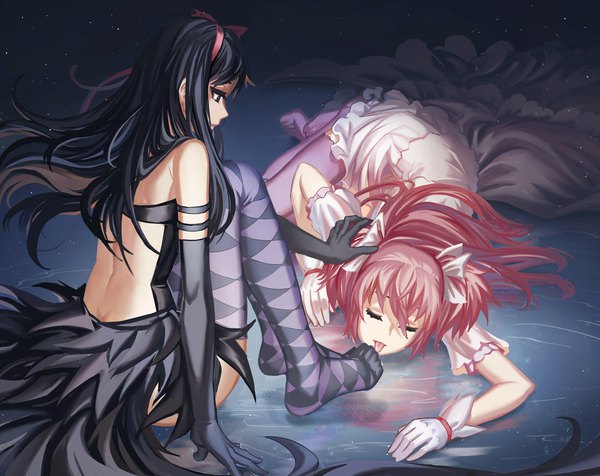 Anime picture 2157x1712 with mahou shoujo madoka magica shaft (studio) akemi homura kaname madoka goddess madoka akuma homura streamingsun long hair fringe highres light erotic black hair hair between eyes sitting bare shoulders multiple girls pink hair sky bent knee (knees) lying