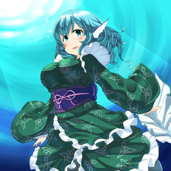 Anime picture 2000x2000 with touhou wakasagihime karaage (ta-na) single blush highres short hair breasts open mouth blue eyes smile large breasts animal ears blue hair long sleeves traditional clothes japanese clothes wide sleeves underwater monster girl