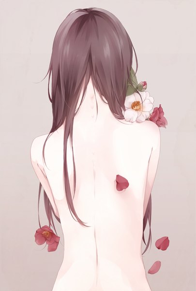 Anime picture 810x1200 with original sekiyu single long hair tall image simple background brown hair bare shoulders nude back bare back girl flower (flowers) petals