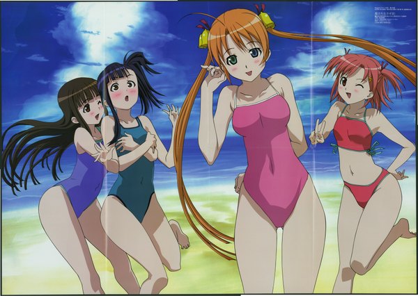 Anime picture 2000x1423 with mahou sensei negima! kagurazaka asuna konoe konoka sakurazaki setsuna sasaki makie highres light erotic heterochromia swimsuit