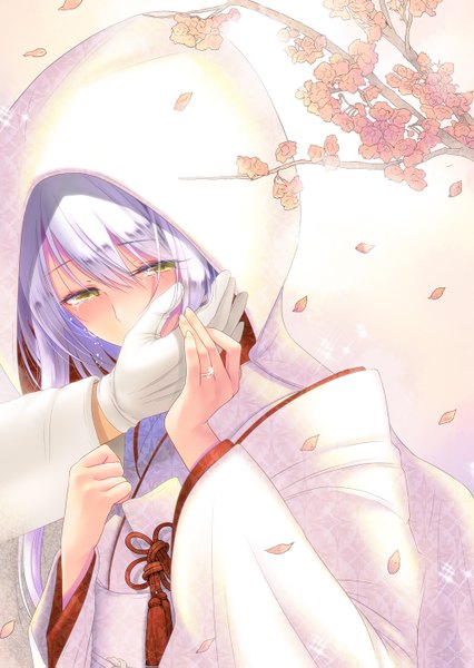 Anime picture 1000x1407 with kantai collection shoukaku aircraft carrier admiral (kantai collection) 108 gou long hair tall image looking at viewer yellow eyes white hair traditional clothes japanese clothes cherry blossoms hand on face girl boy gloves flower (flowers) plant (plants) petals tree (trees)