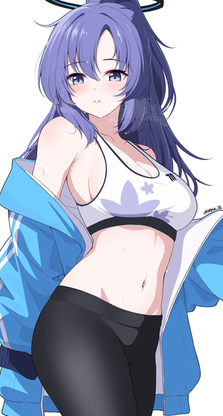 Anime picture 1437x2680 with blue archive yuuka (blue archive) sumire (blue archive) reia 76 single long hair tall image looking at viewer blush fringe breasts light erotic simple background hair between eyes large breasts standing white background purple eyes signed cleavage