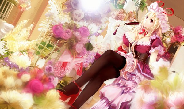 Anime picture 2533x1503 with touhou yakumo yukari xuanlin jingshuang single long hair highres blonde hair wide image sitting purple eyes girl thighhighs dress gloves flower (flowers) black thighhighs elbow gloves white gloves bonnet closed fan