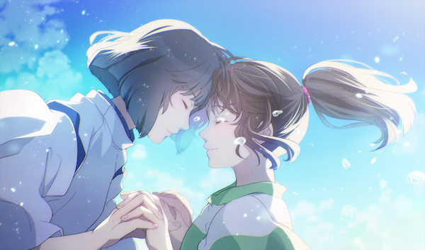 Anime picture 1030x609 with spirited away studio ghibli haku (spirited away) ogino chihiro sasakura34 long hair short hair black hair brown hair wide image sky ponytail eyes closed profile light smile wind leaning leaning forward couple holding hands