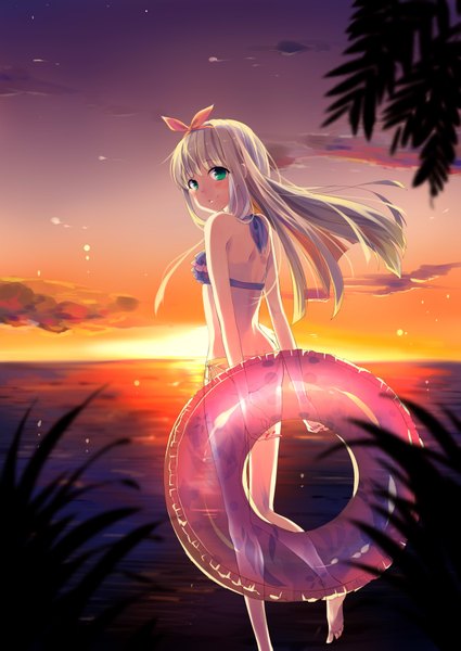 Anime picture 2507x3541 with kantai collection yuudachi destroyer shiki hinako single long hair tall image blush highres blue eyes light erotic sky cloud (clouds) white hair looking back beach evening sunset girl bow swimsuit