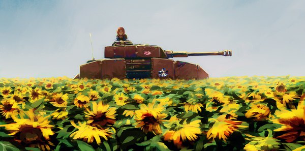 Anime picture 3508x1740 with girls und panzer nishizumi miho jcm2 single looking at viewer highres short hair brown hair wide image brown eyes sky outdoors blurry damage girl flower (flowers) ground vehicle sunflower flower field emblem