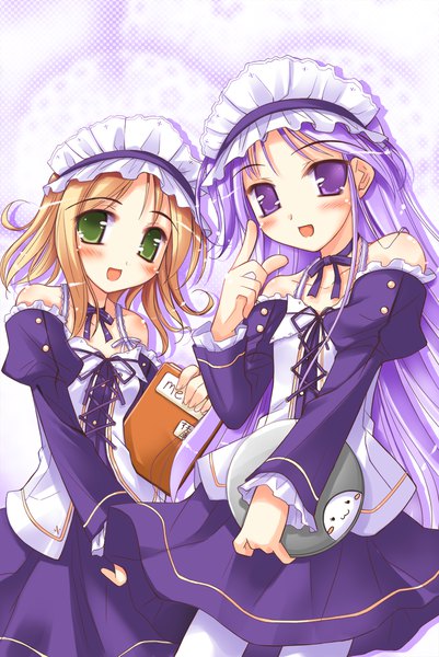 Anime picture 886x1327 with happiness watarase jun kohinata sumomo ko~cha long hair tall image looking at viewer blush fringe short hair open mouth blonde hair smile standing purple eyes bare shoulders holding green eyes purple hair long sleeves