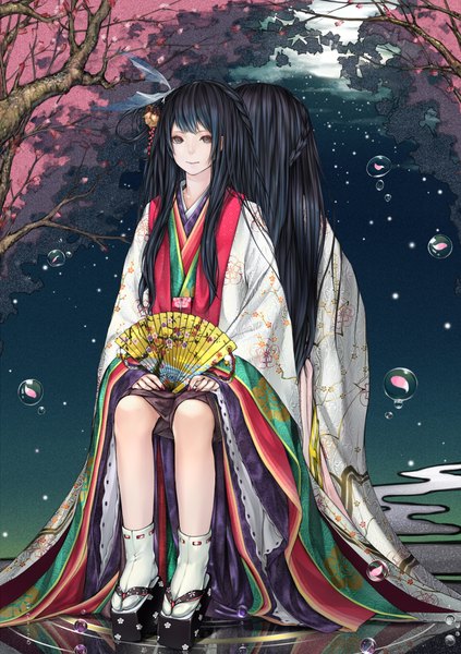 Anime picture 1600x2270 with original nizuma long hair tall image looking at viewer fringe sitting multiple girls braid (braids) nail polish traditional clothes japanese clothes from behind grey eyes cherry blossoms reflection eyeshadow back to back dark hair girl