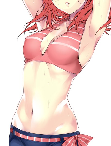 Anime picture 1813x2377 with love live! school idol project sunrise (studio) love live! nishikino maki hario 4 single long hair tall image highres light erotic simple background white background red hair parted lips lips teeth bare belly armpit (armpits) sweat covered nipples