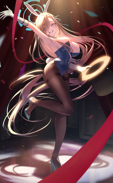 Anime picture 3500x5644 with blue archive asuna (blue archive) asuna (bunny) (blue archive) okkimon single tall image looking at viewer blush fringe highres breasts light erotic smile hair between eyes large breasts standing animal ears absurdres full body bent knee (knees)