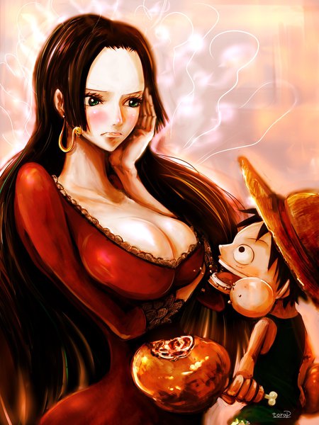 Anime picture 1536x2048 with one piece toei animation monkey d. luffy boa hancock torapunch long hair tall image blush fringe breasts open mouth light erotic black hair smile large breasts holding green eyes signed looking away cleavage
