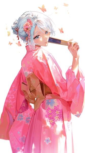 Anime picture 2451x4402 with genshin impact shenhe (genshin impact) sssong aa single tall image highres short hair blue eyes simple background white background looking away silver hair traditional clothes japanese clothes alternate costume turning head floral print girl hair ornament insect