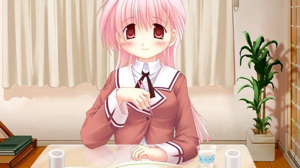 Anime picture 1024x576 with sanarara r nekoneko soft single long hair blush red eyes wide image pink hair game cg girl uniform school uniform