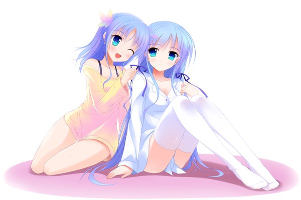 Anime picture 1800x1200 with original bashen chenyue long hair looking at viewer blush highres open mouth blue eyes light erotic multiple girls blue hair one eye closed wink girl thighhighs 2 girls shirt white thighhighs