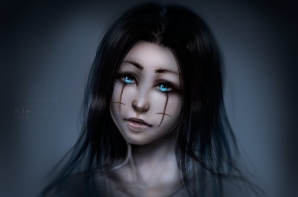 Anime picture 1600x1058 with original lio sun (artist) single long hair blue eyes black hair simple background signed text face paint girl